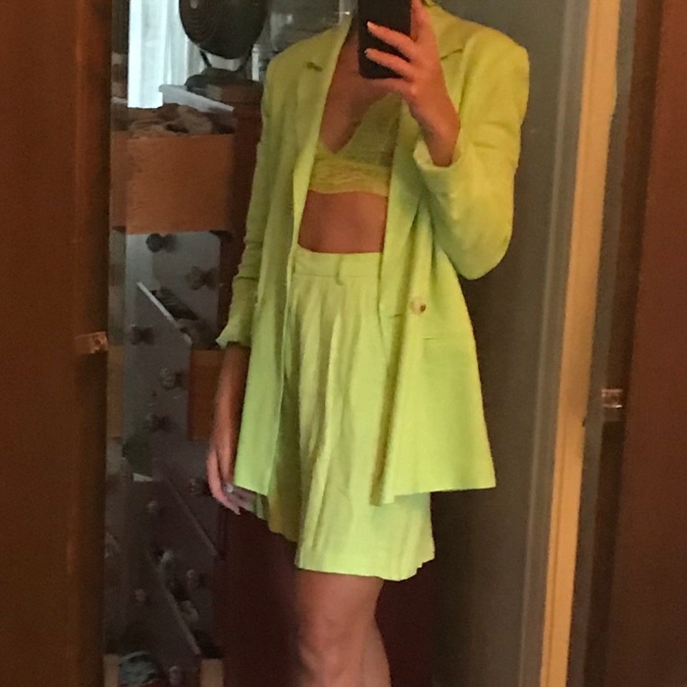 Lime Green Linen Short Suit With Oversized Blazer